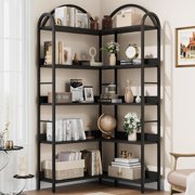 Arched 5-Tier Corner Bookshelf, 68.5" Industrial Wood & Metal Bookcase for Home Office