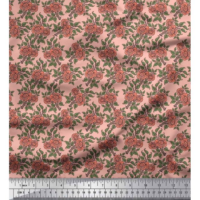 Soimoi Polyester Crepe Fabric Leaves & Floral Block Print Fabric by The Yard 52 Inch Wide
