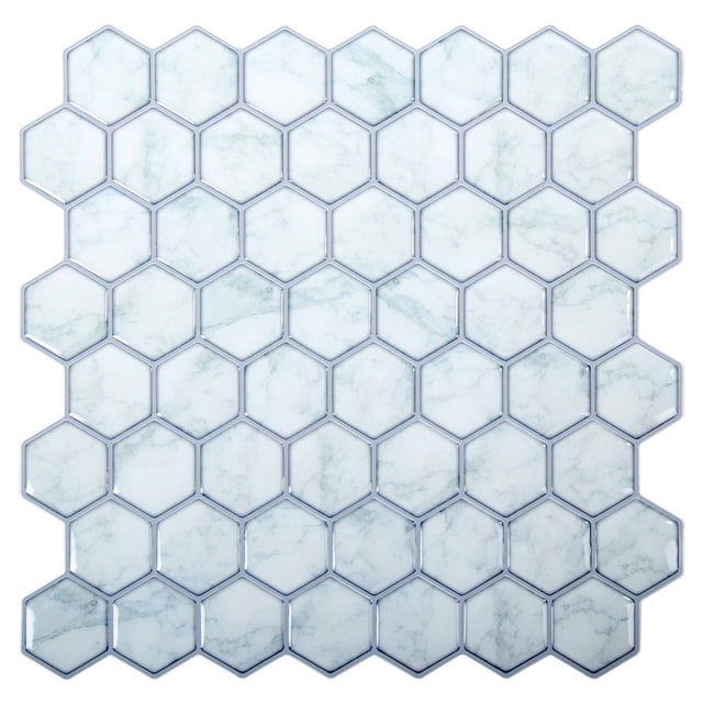 Truu Design Carreaux Muraux Hexagonaux Auto-Adhésifs à Peler et Coller en 6 Pcs avec un Motif de Marbre Blanc Lustré et de Subtiles Veines Grises, Arrangés en une Disposition Hexagonale en Nid d'Abeilles, en Époxy PVC Résistant à l'Eau, Convenant aux Dosserets de Cuisine, aux Murs de Salle de Bain Ou aux surfaces Plates Décoratives.