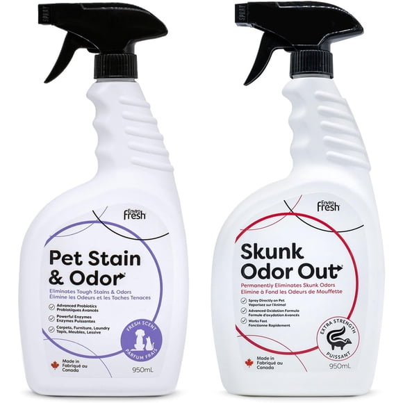 EnviroFresh Skunk Odor Out, 950mL, Pet Stain & Odor Remover Fresh Scent, 2 Pack (950mL x2), Natural Plant Extracts, Enzymatic Cleaner, Eliminates Skunk Smell, Pet Stains & Odors, Safe for Pets & Home