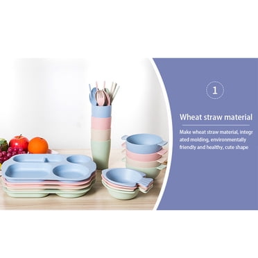 6PCS/Set Children Divided Dinner Plate Bowl Set of 6 Water Cup Kids Tableware Compartments Dinnerware Restaurant Fork Chopsticks Pink