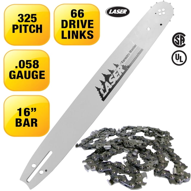 LASER Barre et Chaîne de 16 Po.325-058 Maillons d'Entraînement 66 avec une Barre de Nez de Pignon de 16 Po Comprenant un Embout Laminé et des rails Trempés par induction, Jumelée à une Chaîne Semi-Biseautée de 66 Maillons d'Entraînement, Pas 0,325 et Calibre 0,058, Conçue pour une performance de Scie à Chaîne Équilibrée et à Faible Vibration.