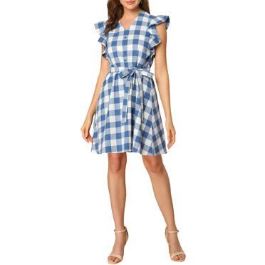 INSPIRE CHIC Women's V Neck Check Ruffled Sleeve Belted Plaids Mini Dress XS Blue