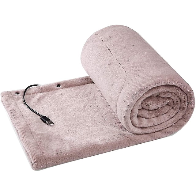 Usb Rechargeable Electric Heating Pad Heated Throw Blanket Shawl made of soft flannel, displayed rolled and partially unrolled with a USB cable for power connection. This electric blanket provides full-body warmth and muscle relaxation, ideal for home, office, outdoor, or stadium use. Machine washable and measures 140x80cm.