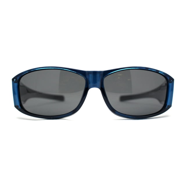 Polarized 60mm Classic Fit Over Wrap Rectangular Sunglasses in blue and black with anti-glare polarized 100% UV400 lenses. Designed to fit over prescription glasses up to 156mm x 46mm. Lightweight plastic frame and ergonomic bridge for comfort, ideal for adult accessories.