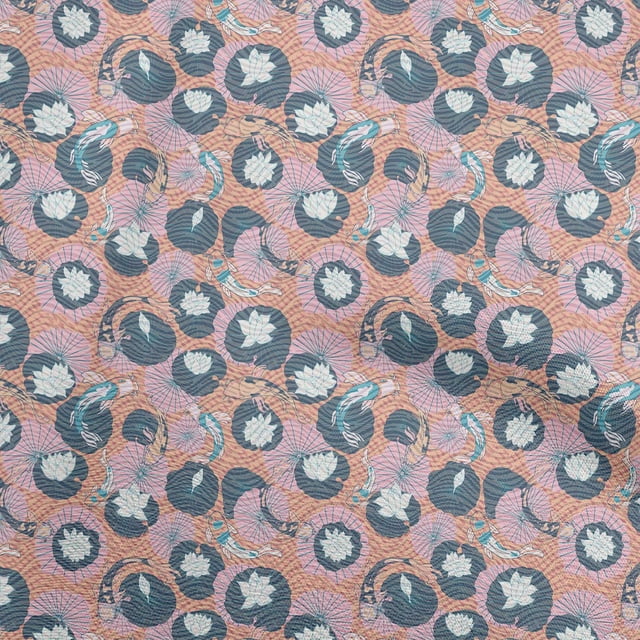 oneOone Rayon Light Peach Fabric Asian Japanese Koi Fish with Abstract Flower Craft Projects Decor Fabric Printed by The Yard 56 Inch Wide