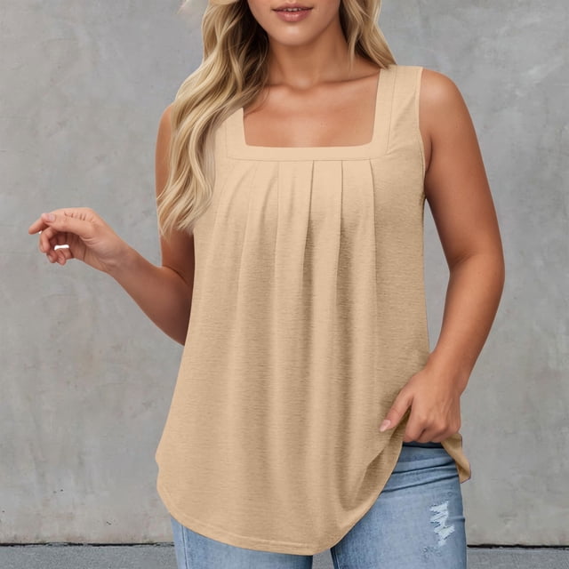 Women's Casual Square Neck Tank Top Pure Color Ruffle Detail Blouse for Spring Summer Daily Wear with Jeans Workout Set Fitted T Shirt Atmosphere Top Cleavage Cover plus Size Camisole Petite 3