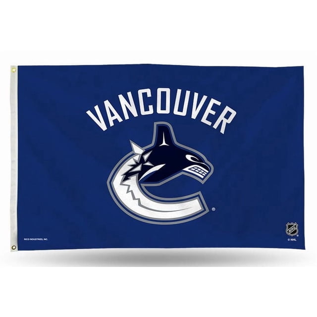 GTEI NHL Vancouver Canucks Flag, a 3' x 5' blue polyester banner with the Vancouver Canucks orca logo and 'VANCOUVER' in white block letters above, reinforced with two brass grommets for hanging on a flagpole, wall, or for tailgating display.
