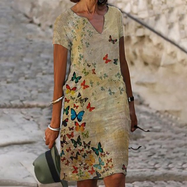 SMihono Robe d'Été Boho pour Femmes Grande Taille Robes à Manches Courtes Mode Fleurs Imprimées Robe d'Été Col en V Longueur Genou