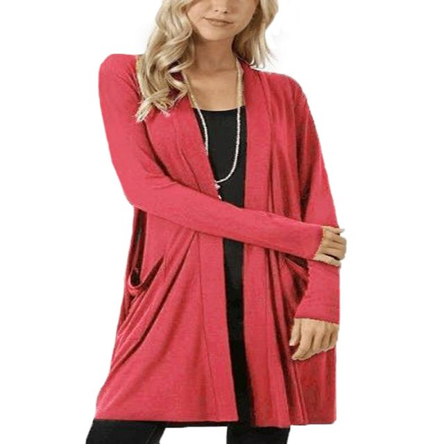Womens Long Sleeve Cardigan Pockets Plus Size Open Front Jackets Plain Outerwear
