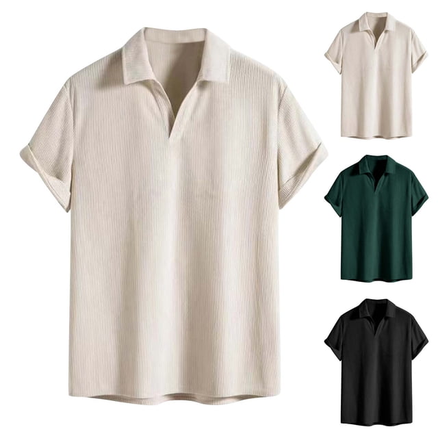 Sentmoon Men Tshirt Plus Size Loose Turndown Collar Short Sleeve Stretchy Mens Spring Outfits Solid Color Mens Going out Tops Delightful for Running or Jogging Beige L