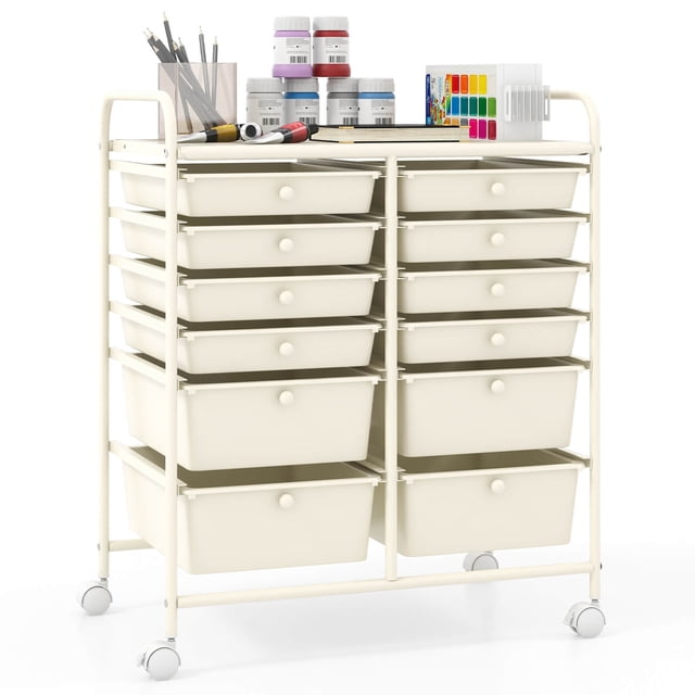 Costway 12-Drawer Rolling Storage Cart with 2 Sizes Plastic Drawers in white, designed for versatile organization with a sturdy metal frame and removable drawers. This utility cart features 12 drawers in two sizes, perfect for storing art supplies, tools, cosmetics, or salon products. Equipped with 360° swivel casters, including two lockable wheels, for smooth mobility and stability. Compact and lightweight design suitable for living rooms, craft rooms, salons, or offices.