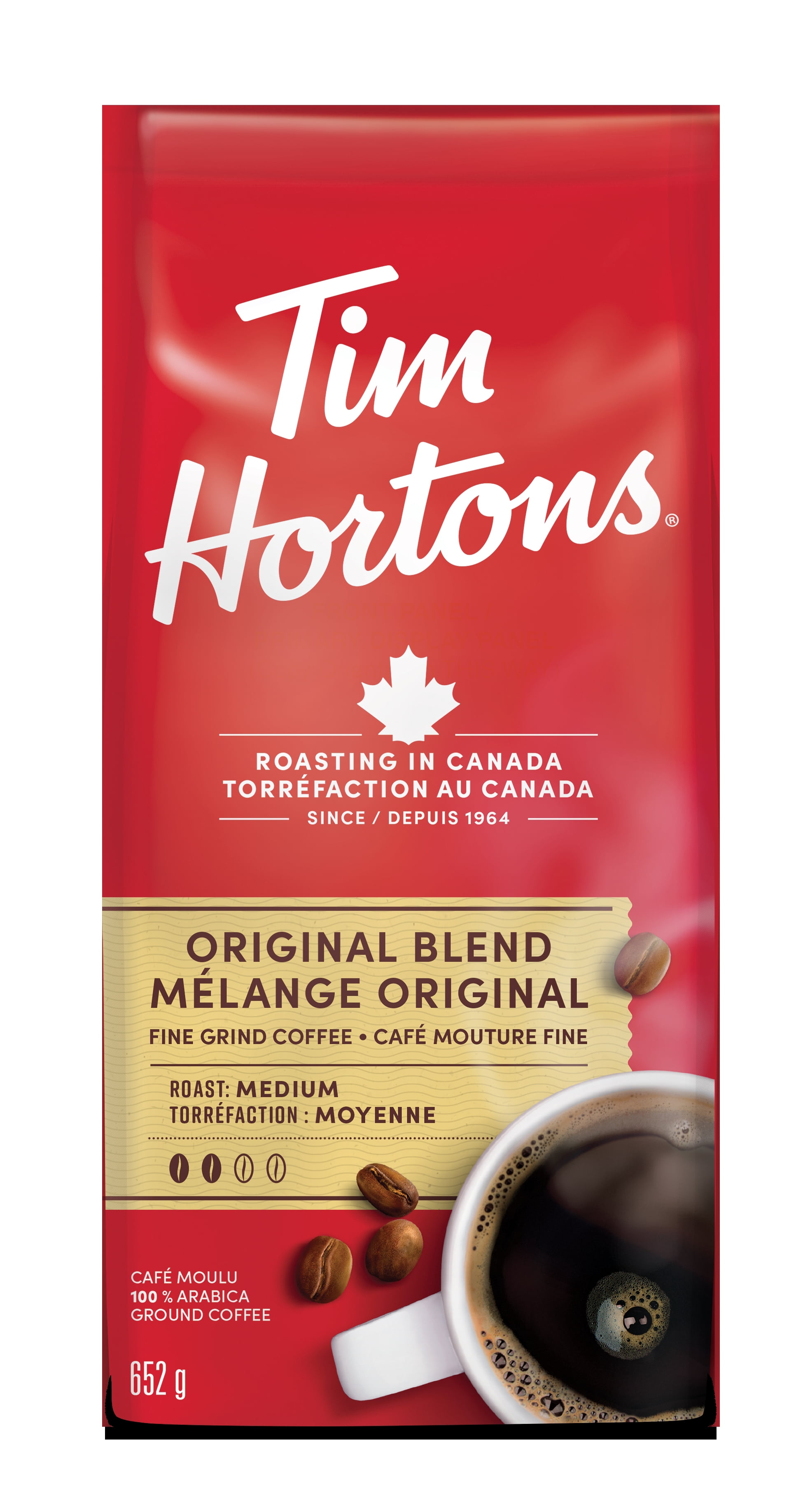 Sac de 652 g de café moulu de mélange original de Tim Hortons de torréfaction moyenne, offrant un goût velouté, riche et bien équilibré.