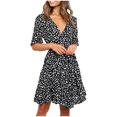 thumbnail image 1 of Pompotops Fashion Women Spring And Summer V-neck Print Lace-Up Mid-Length Irregular Dress On Sale, 1 of 8