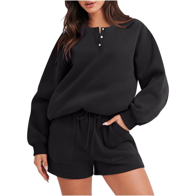 Yuyuzo Ensembles d'Entraînement Courts Épais pour Femmes 2 Pcs Chandails à Col Rond à Boutons avec Cordon et Shorts
