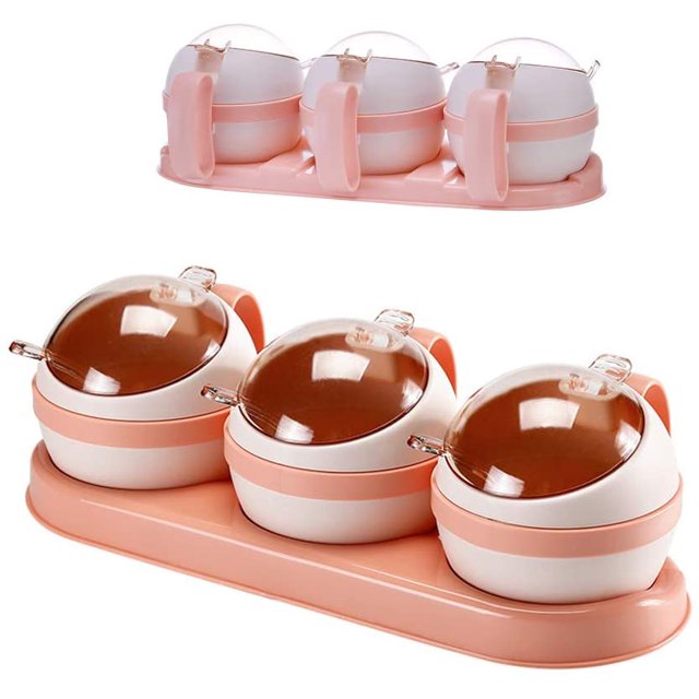 Boîte à Épices, Support à Épices Pots à Condiments, Conteneur de Rangement, 3 Pcs PS Cruet avec Couvercle et Cuillère Rose3