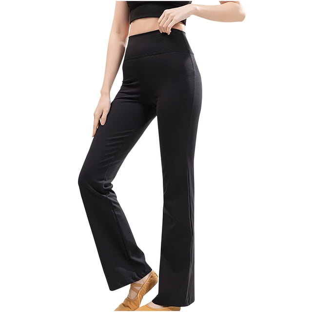 Womens solid color straight tube slightly flared high waist and hip lifting exercise fitness yoga pants in black. Made from buttery soft polyester material with a matte finish, these pants feature a stretchy seamless waistband for support and comfort. Designed for daily wear and exercise, they are squat-proof and provide moderate compression. Shown in a front-facing view, paired with a cropped top and ballet flats.