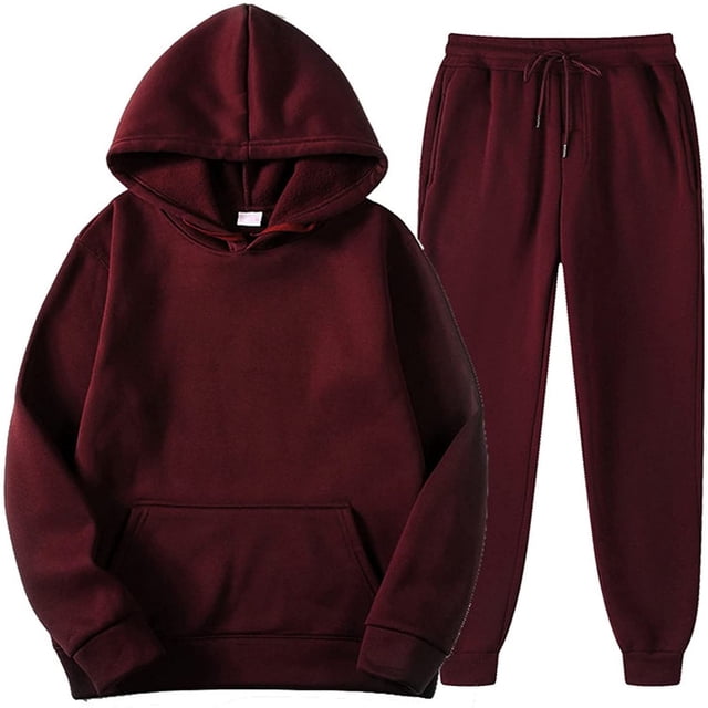 RKSTN two-piece outfits for women featuring a fall fashion sports tracksuit in a solid burgundy color. The set includes a long-sleeve pullover hoodie sweatshirt with a front pocket and matching drawstring pants with side pockets. Made from 100% polyester, the fabric is thick, soft, and warm, ideal for casual, sports, or lounging occasions during spring and fall seasons.
