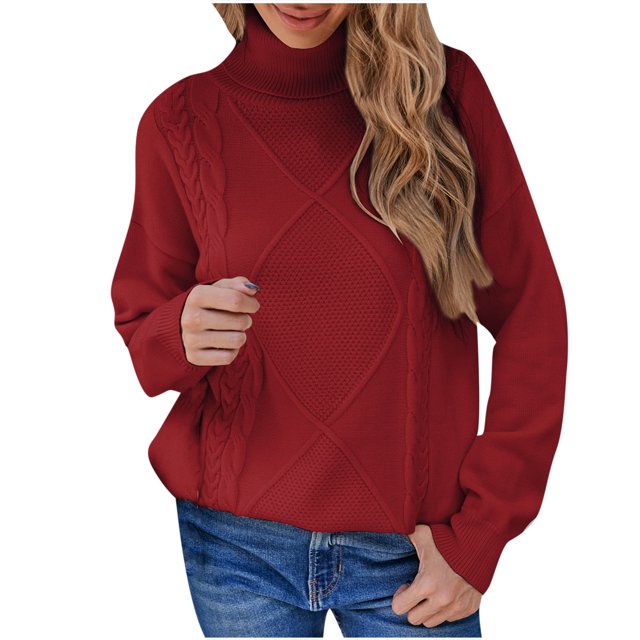 IROINID Chandail à Col Roulé pour Femme de Couleur Rouge Unie, avec un Motif Tricoté Texturé, des Détails Torsadés et des Formes en Losange. Ce Chandail Mi-Long à Manches Longues Offre une Coupe Décontractée et un Style Décontracté avec des jeans Bleus. Idéal pour l'Automne et l'Hiver, Parfait pour les Sorties Décontractées Ou l'Usage Quotidien.