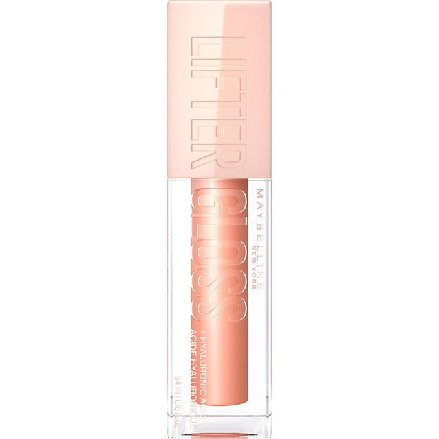 Maybelline New York Lifter Gloss lip gloss with hyaluronic acid in a clear rectangular tube with a pale pink cap embossed with LIFTER GLOSS, containing a peachy nude shade, designed to hydrate lips and enhance fullness with high shine and smooth finish.