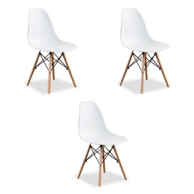 Heavenly Collection White Wood Chair SET OF 3 with white molded plastic seats and natural wood legs reinforced by black metal cross supports, designed for comfortable and durable kitchen and dining seating.