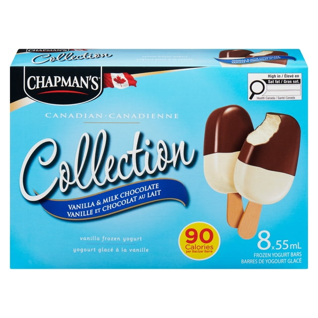Chapman's Low Calorie Canadian Collection Vanilla & Milk Chocolate Frozen Yogurt bar in a Carton, 8 x 55mL