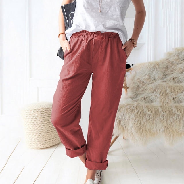 Mikilon Women Casual Solid Color Pockets Elastic Waist Comfortable Straight Pants