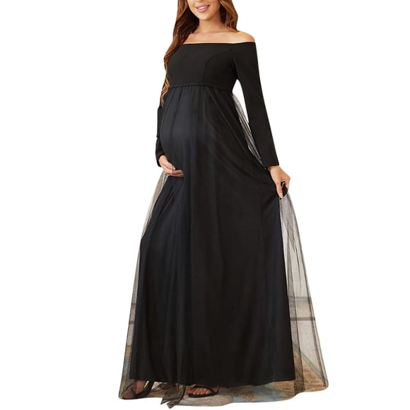 Tranfacy Women's Long Sleeve Maternity Dress,Maternity Dress for Photoshoot,Off The Shoulder Maternity Gown Long Sleeve Mesh Maxi Length Photoshoot Dress