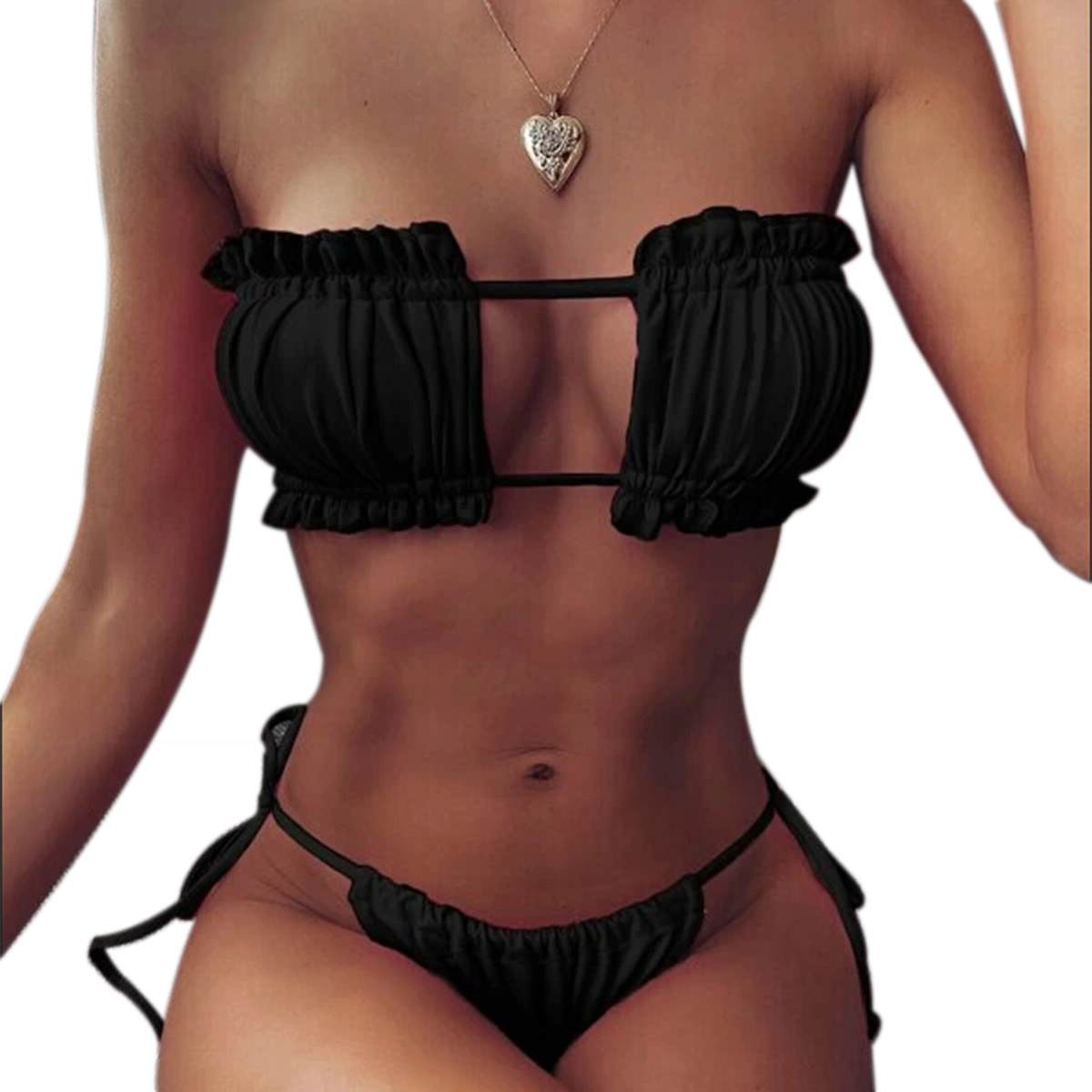 Gupgi Womens Solid Color Swimming Set, Bandage Bikini Top + Lace Up Briefs