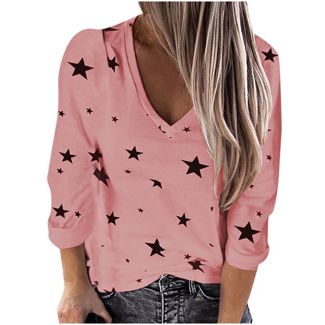Pompotops Mode Décontractée pour Femmes Col en V Manches Longues Imprimé Étoile T-Shirt Blouse