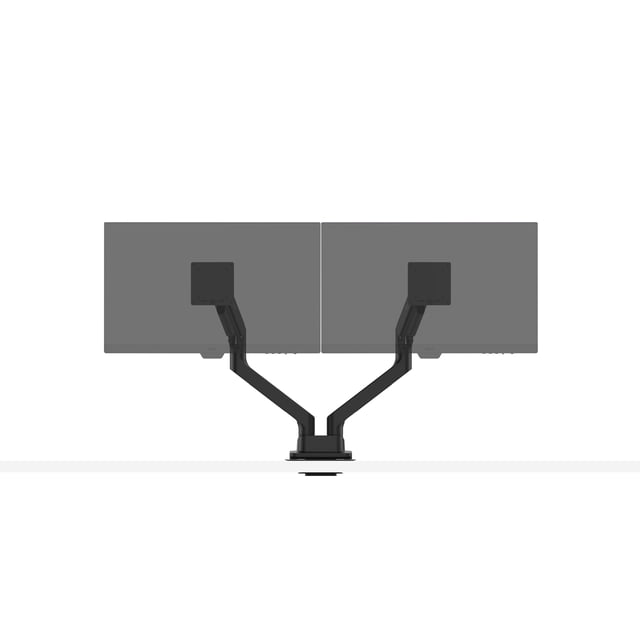 BenQ BDH01 - Dual Ergo Monitor Arm in black, front-facing mounted on a white desk, supporting two monitors with VESA 75x75 and 100x100 mounts, featuring gas spring arms for ergonomic adjustment, quick installation, heavy-duty support, and integrated cable management for a clutter-free workspace.