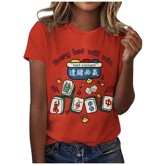LUOGENLI T-shirts pour Femme pour Femmes T-shirts Classiques Quotidiens à Manches Courtes Rétro Mah-Jong Tendance Décontracté Col Rond T-Shirt T-shirts pour Femmes T-Shirt Graphique Saint-Patrick Melon D\'eau Rouge G