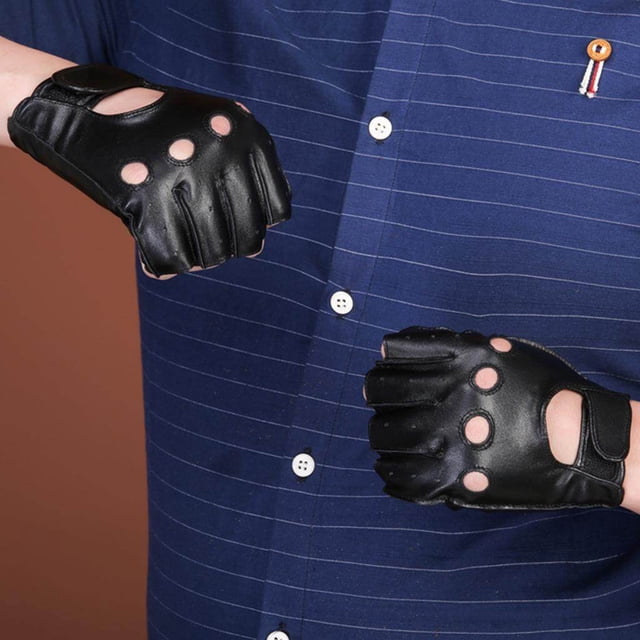 Baohd Retro PU Leather Men Fingerless Driving Cycling Gloves XL Black Hook Loop