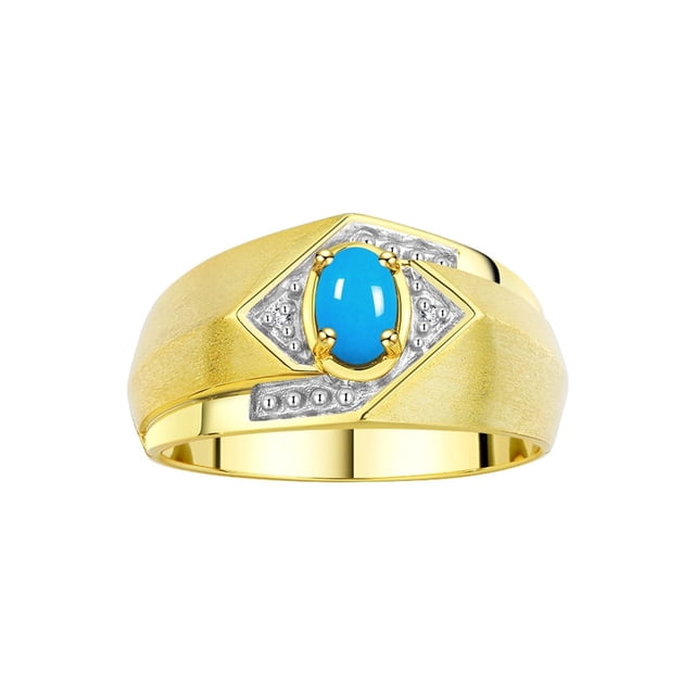 RYLOS Mens Rings Yellow Gold Plated Silver Ring 6X4MM Oval Shape Gemstone & Diamond Ring Turquoise December Birthstone Rings For Man Silver Rings Size 10