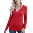 thumbnail image 3 of Vêtements d'Automne pour Femmes Chandails à Manches Longues à Col Licou en U en Tricot Côtelé Ajustés Basiques Décontractés Hauts Rouge P, 3 of 9