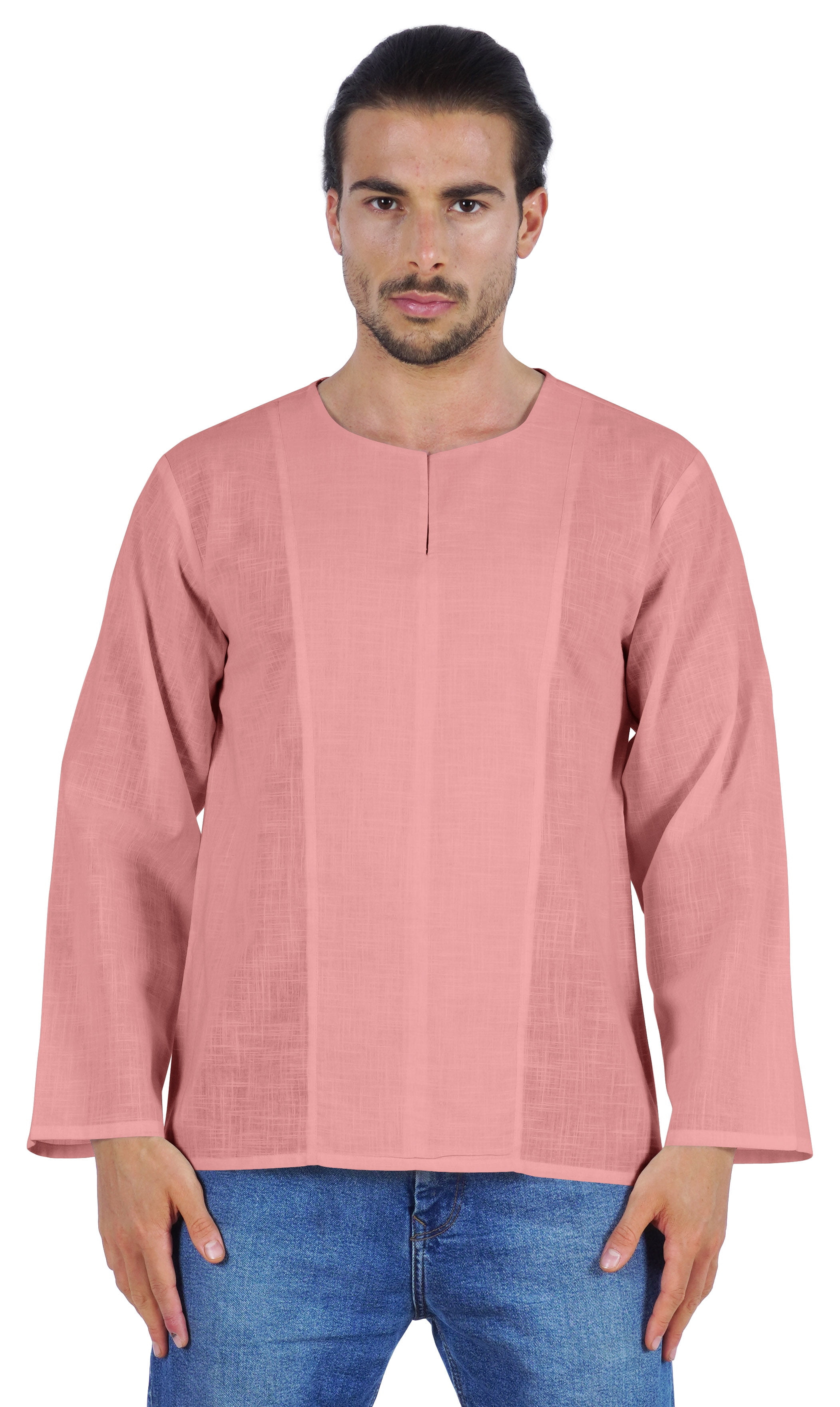Atasi Kurta à Manches Longues pour Hommes en Coton Slub Uni à Col Rond Chemise Ethnique-5769