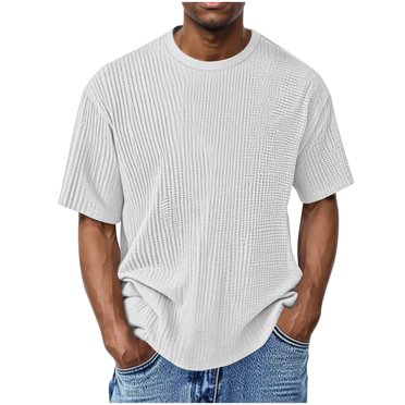 zfhfof T-Shirts pour Hommes Amples Décontractés à Manches Courtes Col Ras du Cou Chandails en Tricot Gaufré T-Shirts d'Été de Couleur Unie Hauts Basiques
