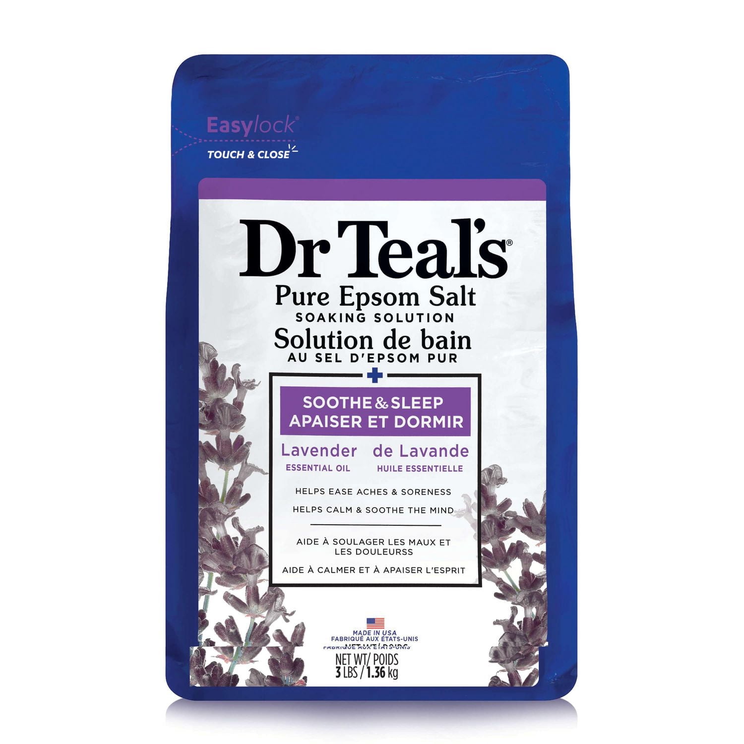 Dr Teal's Solution de bain au sel d'epsom pur, Apaiser et Dormir de Lavande Huile Essentielle, 1.36kg