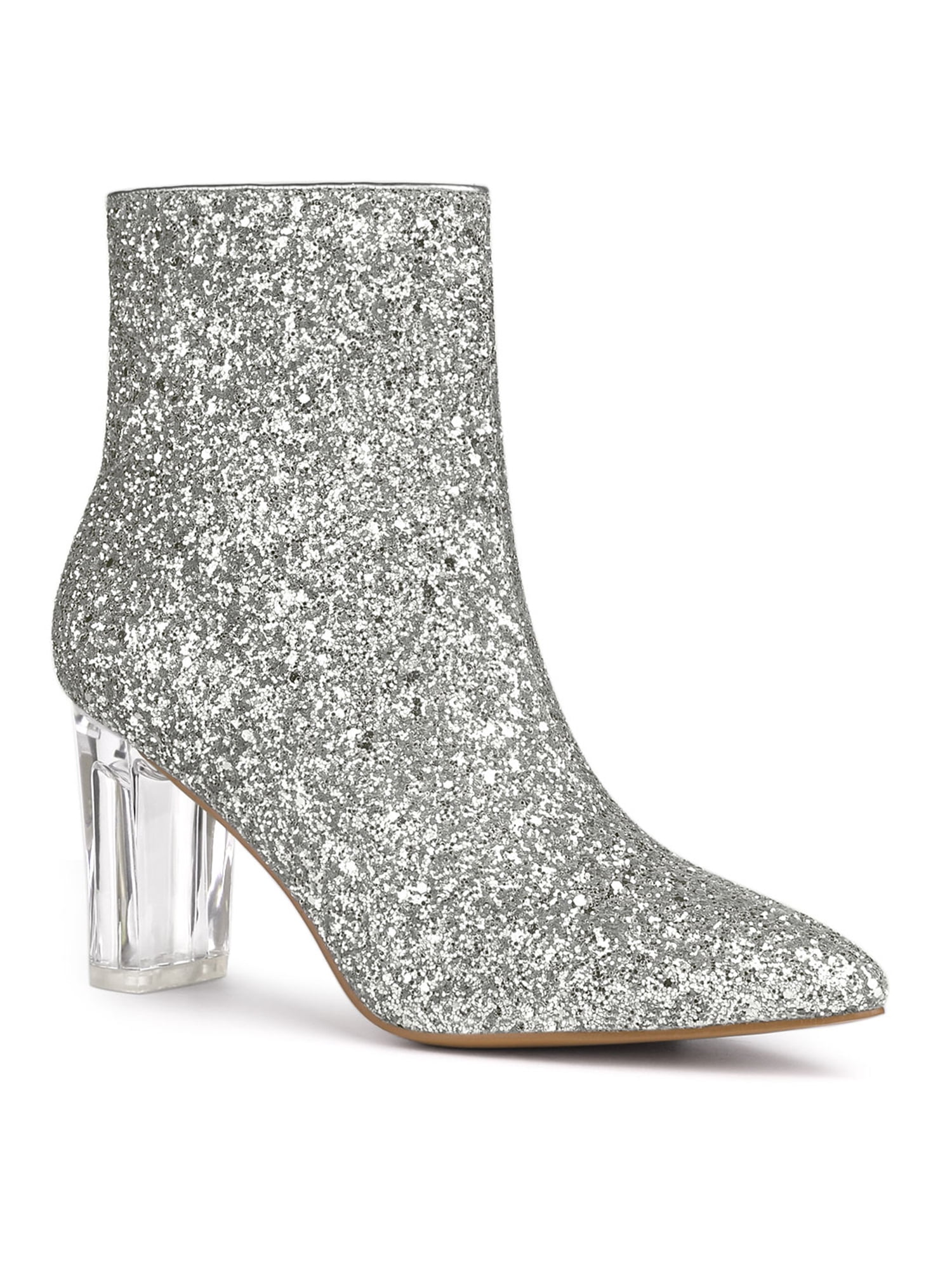 Unique Bargains Women's Clear Block Heel Glitter Ankle Booties