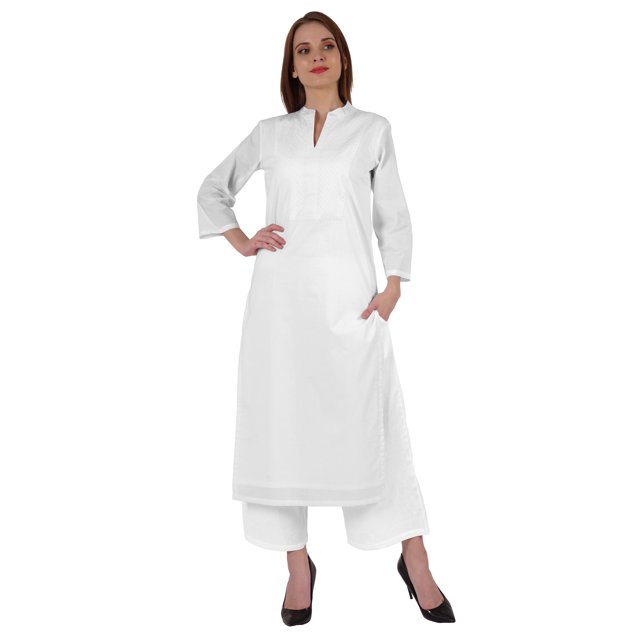 Bimba Kurta Droite Unie Ethnique Indienne pour Femmes à Col Mandarin avec Encolure Plissée en Coton