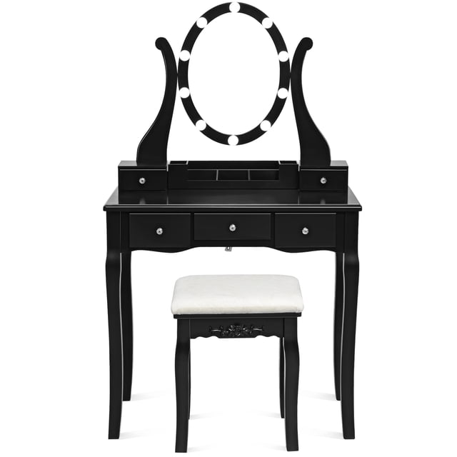 Patiojoy Vanity Table Makeup Dresser Desk w/LED Light Drawers & Stool Black