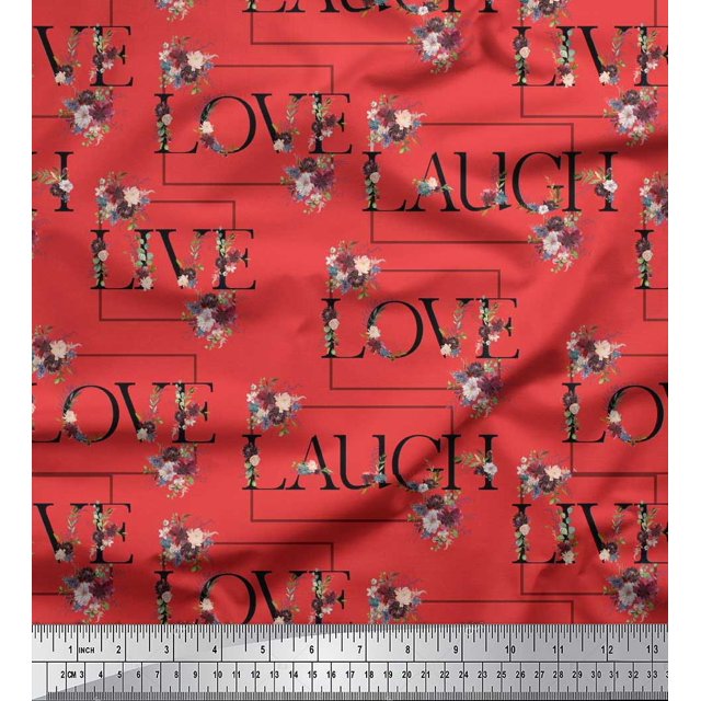 Soimoi Poly Georgette Fabric Floral Love Text Print Fabric by the Yard 52 Inch Wide