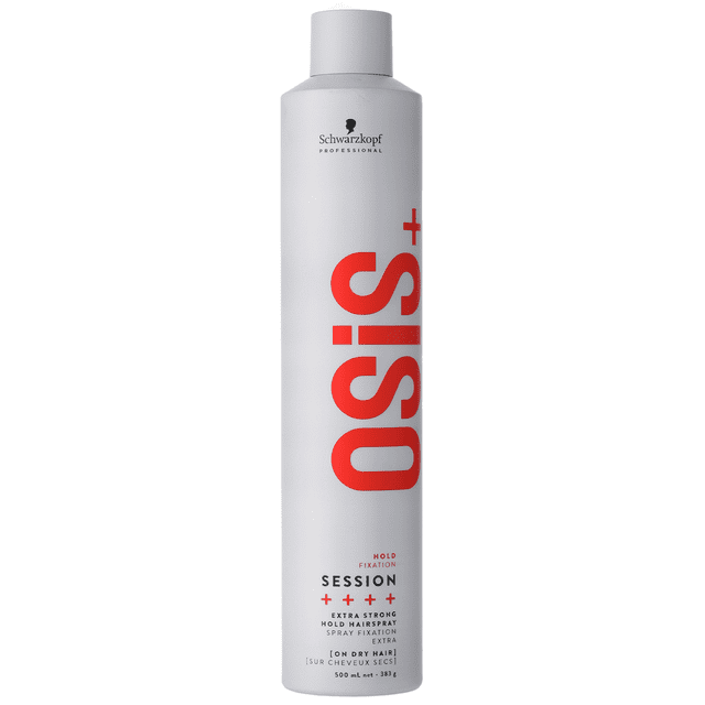 Schwarzkopf OSIS+ SESSION Extra Strong Hold Hairspray in a 500ml silver cylindrical bottle with bold red branding. Conçu pour une Tenue et un Contrôle Durables et à l'Épreuve du Vent, Il Protège les Cheveux contre l'Humidité, la Chaleur et le Vent Tout en Ajoutant une Finition Brillante et Luxueuse. la Formule Est Facile à Brosser Sans Laisser de Flocons.