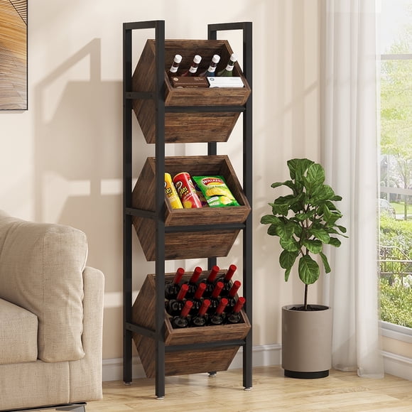 Fnova 51.1" 3 - Tier Industrial Storage Shelf with Wooden Baskets, Freestanding Organizer for Wine Bottles, Kitchen, Cellar