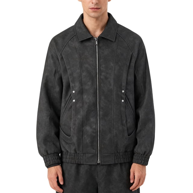 Lovzfmll Leather Jacket for Men, Solid Color Lapel Studded Zip Up with Pockets, Dressy Motorcycle Jacket for Men