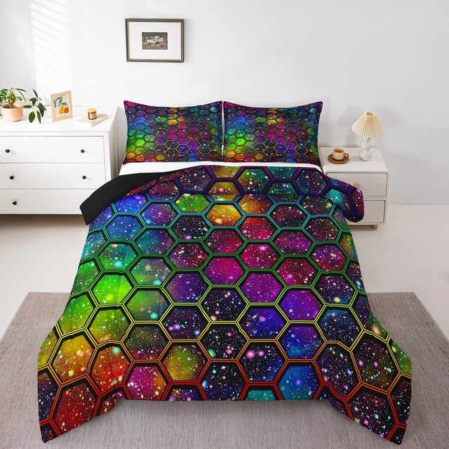 Erosebridal Colorful Starry Sky Bedding Twin Comforter Set, Neon Galaxy Down Comforter, Geometry Decor, Lightweight 2pcs