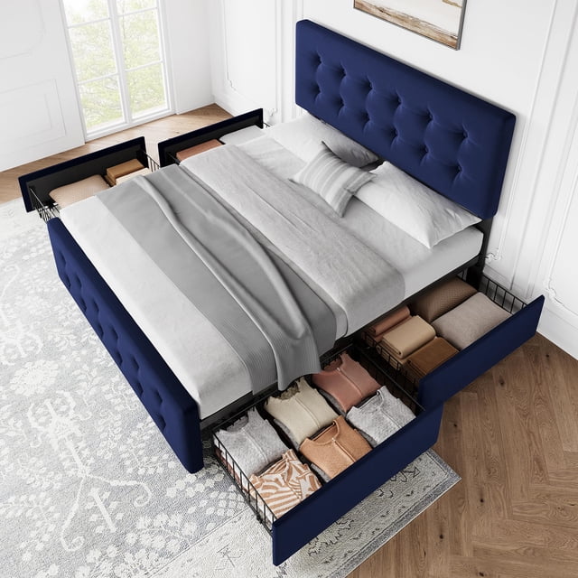 Bed Frame with 4 Storage Drawers and Upholstered Headboard, Queen/Full Size Upholstered Mattress Foundation with Linen Fabric/PU Leather/Velvet, No Box Spring Needed