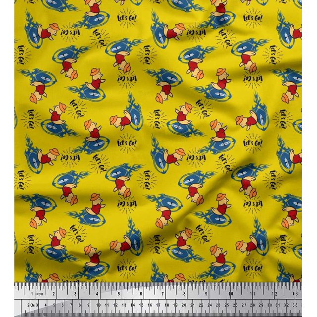 Soimoi Polyester Crepe Fabric Text,Rugby Ball & Bird Cartoon Decor Fabric Printed Yard 42 Inch Wide