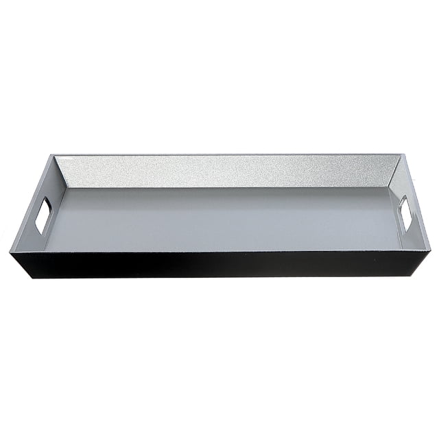 Rectangular serving tray with handle in silver featuring a smooth metallic finish and built-in side handles for easy carrying, measuring 17.9 by 11.8 by 1.4 inches (45.5 by 30 by 3.5 cm), ideal for Christmas entertaining and serving drinks or snacks, also suitable for organizing small items on a tabletop.