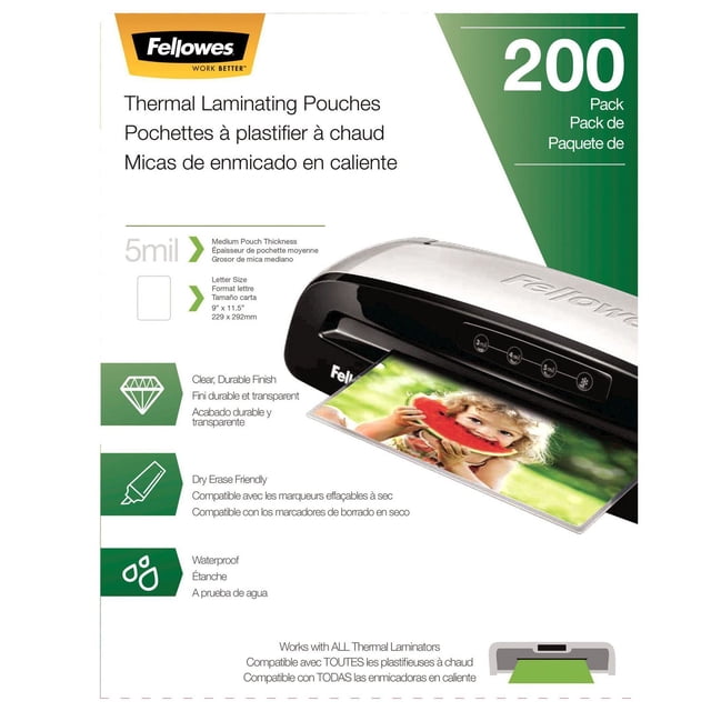 Pochettes de Plastification Thermique - Lettre, 5 mil, Lot de 200 par Fellowes avec Épaisseur Moyenne, Format Lettre 9 par 11,5 Pouces, Fini Transparent durable, compatible Effacement à Sec, Imperméable, compatible avec Tous les Plastifiants Thermiques, Idéal pour Protéger les documents et les photos, Montré avec une machine de Plastification Plastifiant une photo d'Un Enfant Mangeant une Melon D\'eau.